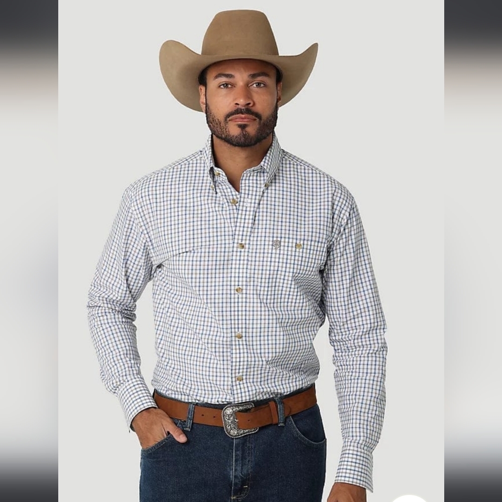 George Strait Cowboy Cut Wrangler Men's Shirt Size 2XL Blue Plaid Long Sleeve